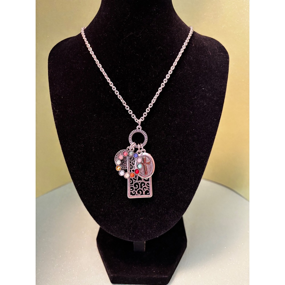 Silver Tone Multi Charm Religious Necklace Cross‎ Key Scripture Revelation 21:18
